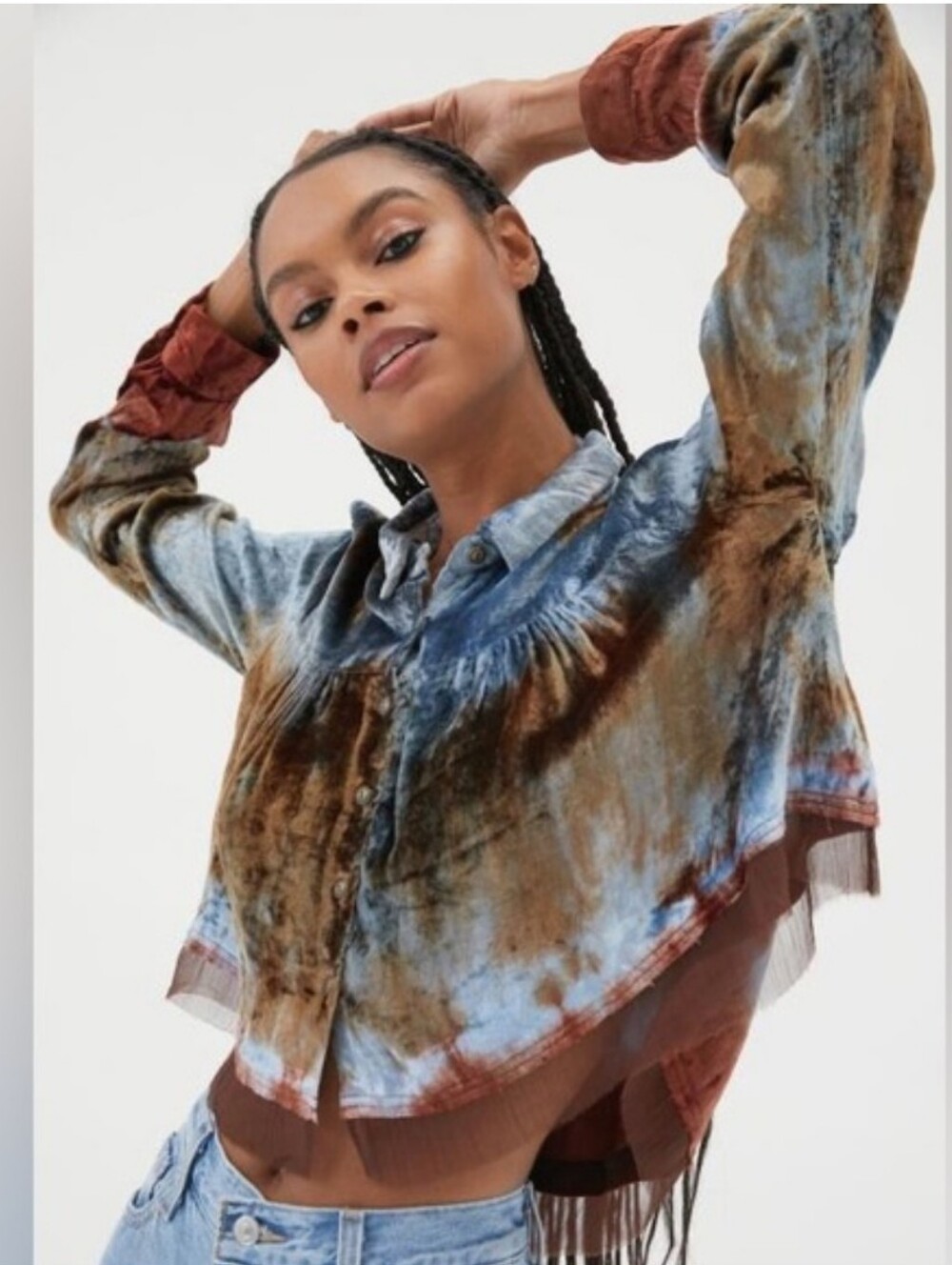 URBAN OUTFITTERS Willow Velvet Tie Dye Brown Blue Whimsigoth Boho Blouse S